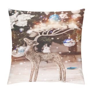 Personality  Christmas Deer And Christmas Tree Background With Decorations, Snow, Blurred, Sparking, Glowing. Happy New Year And Xmas Theme. Pillow Covers