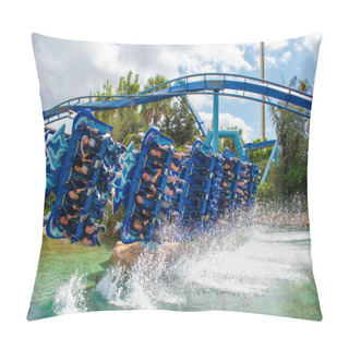 Personality  Orlando, Florida. February 15, 2020. People Enjoying Terrific Manta Ray Rollercoaster At Seaworld (52). Pillow Covers