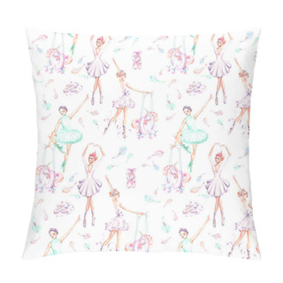 Personality  Seamless Pattern With Watercolor Ballet Dancers, Puppet Unicorns, Feathers And Pointe Shoes Pillow Covers