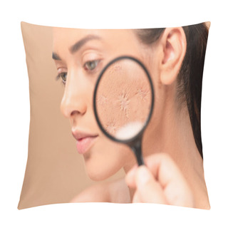Personality  Cropped View Of Man Holding Magnifier Near Woman With Problem Skin Isolated On Beige  Pillow Covers