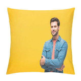 Personality  Happy Handsome Man With Crossed Arms Looking At Camera Isolated On Yellow Pillow Covers
