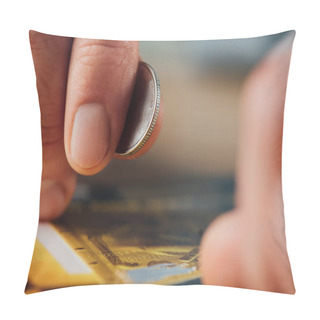 Personality  Close Up View Of Silver Coin In Hand Of Gambler Near Scratched Lottery Ticket Pillow Covers