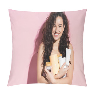 Personality  Positive Curly Woman Holding Beauty Products On Pink Background  Pillow Covers