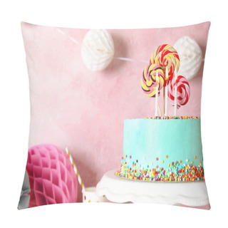 Personality  Stand With Fresh Delicious Cake And Birthday Decorations On Color Background. Space For Text Pillow Covers