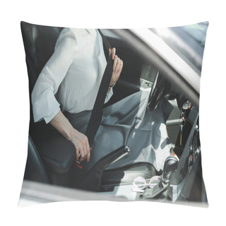 Personality  Cropped View Of Businesswoman Fastening Seat Belt In Car  Pillow Covers