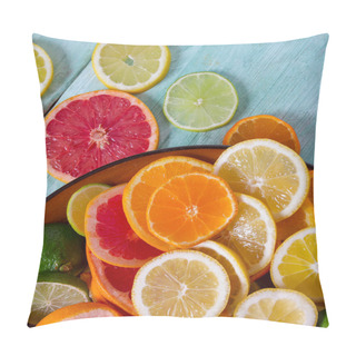 Personality  Top View Of Citrus Fruit Slices On Turquoise Wooden Background Pillow Covers