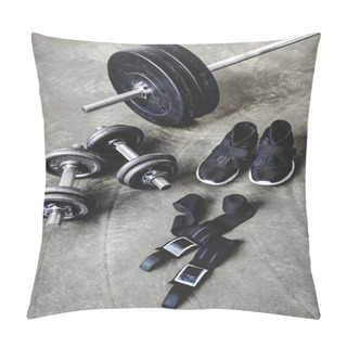 Personality  Various Weight Lifting Equipment On Concrete Surface Pillow Covers