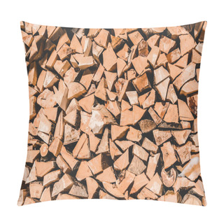 Personality  Pile Of Brown Cut Textured Firewood At Sunny Day  Pillow Covers