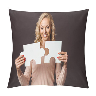 Personality  Happy Blonde Woman Connecting Jigsaw Pieces Isolated On Black  Pillow Covers