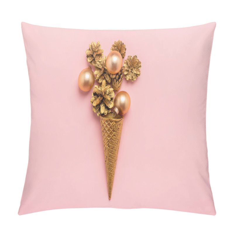 Personality  Ice cream waffle cup cones Christmas balls painted gold on pink background. New Year or Christmas concept. Flat layout. pillow covers