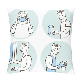 Personality  Coronavirus COVID-19 Prevention Tips Flat Style Character Icon Set Pillow Covers
