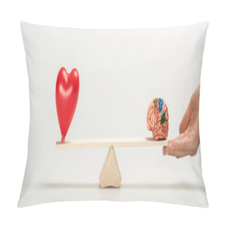 Personality  Panoramic Shot Of Woman Holding Seesaw With Human Brain And Red Heart On White  Pillow Covers