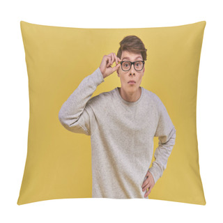 Personality  Surprised Young Man In Glasses And White Casual Sweatshirt Touching His Glasses Looking At Camera Pillow Covers