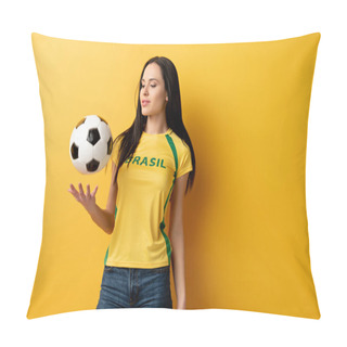 Personality  Attractive Female Football Fan Throwing Up Ball On Yellow Pillow Covers