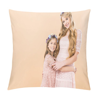 Personality  Adorable Daughter And Beautiful Mom In Elegant Lace Dresses And Colorful Floral Wreaths Hugging While Looking At Camera On Yellow Background Pillow Covers