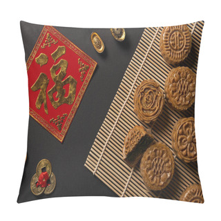 Personality  Top View Of Traditional Mooncakes With Chinese Talismans And Bamboo Table Mat Isolated On Black Pillow Covers
