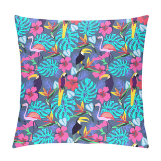 Personality  Tropical Plants And Flowers With Toucan, Parrot, Flamingo Pillow Covers