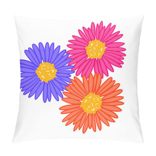 Personality  Hand Drawn Illustration With Three Orange Blue Pink Daisy Flowers On White Isolated Background. Bright Colorful Retro Vintage Print Design, 60s 70s Floral Art, Nature Plant Bloom Blossom Pillow Covers