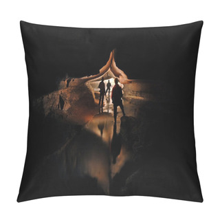 Personality  Spelunkers Exploring An Underground Cave River Pillow Covers