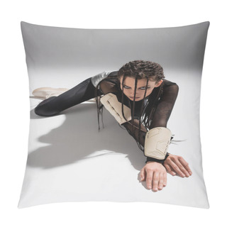 Personality  Sensual Woman With Dreadlocks Posing In Futuristic Style Clothes On White Surface And Grey Background Pillow Covers
