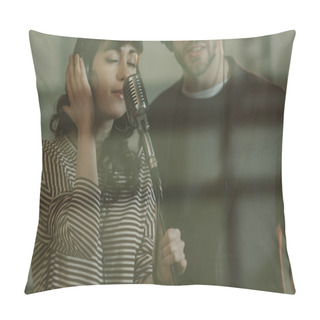 Personality  Young Singers Performing Song Behind Glass In Recording Studio Pillow Covers