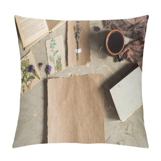 Personality  Flay Lay, Top View Of The Herbarium, Dried Lavender Flowers, Notebook, Book For Notes, Pen And Spring Summer Pictures On A Concrete Background. Postcard On Paper Pillow Covers