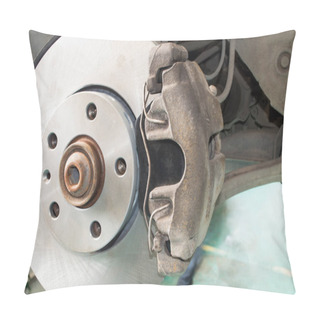 Personality  View From The Brake Caliper Side Of The New Rear Brake Pads And Discs Installed On The Car Pillow Covers
