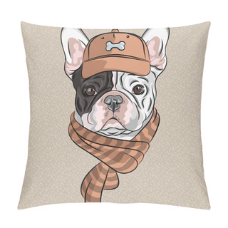 Personality  Hipster Dog  French Bulldog Breed In A Brown Cap And Scarf Pillow Covers