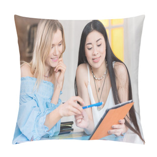 Personality  Women Holding Digital Tablet While Sitting Pillow Covers