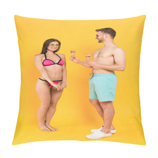 Personality  Muscular Man In Sunglasses Holding Ice Cream Cones Near Happy Girl In Swimsuit On Yellow  Pillow Covers