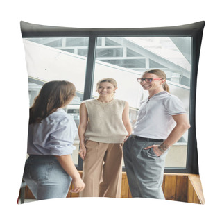 Personality  Three Smiley Colleagues Discussing Something And Laughing With Window Backdrop, Coworking Concept Pillow Covers