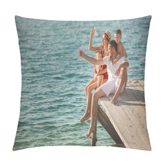 Personality Young Family With Children Sitting On Wooden Pier Near Water Pillow Covers