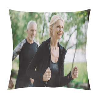 Personality  Smiling Mature Sportsman And Sportswoman Running In Park Together Pillow Covers