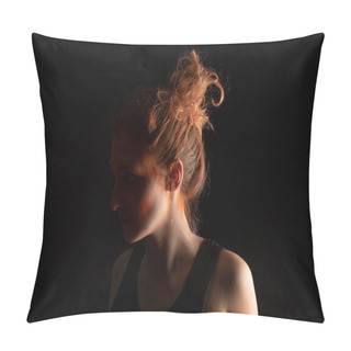 Personality  Woman With Orange Colorful Holi Paint Powder On Face Isolated On Black Pillow Covers
