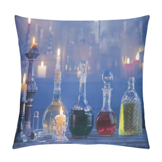 Personality  Magic Potions In Bottles On Wooden Background  Pillow Covers
