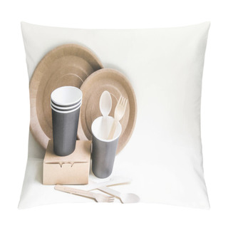 Personality  Eco Friendly Disposable Dishes Made Paper On White Marble Background. Draped Spoons, Fork, Knives, Plate With Paper Cups. Recycling Concept Pillow Covers