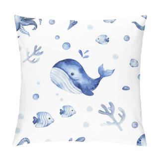 Personality  Underwater Creatures, Whale, Octopus, Fish, Algae, Corals On A White Background. Watercolor Seamless Pattern Pillow Covers