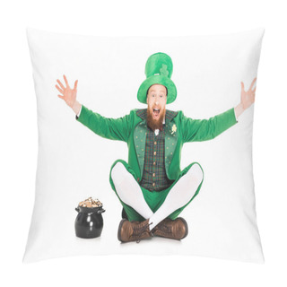 Personality  Excited Leprechaun Gesturing And Sitting At Pot Of Gold, Isolated On White  Pillow Covers