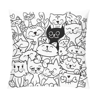 Personality  A Charming Collection Of Joyful Cartoon Cats Depicted In Various Poses And Expressions In A Delightful Black And White Doodle ,Illustration Vector Pillow Covers