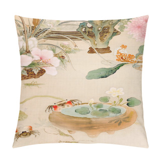 Personality  Beautiful Oriental Floral Design Featuring Charming Crabs And A Lobster. This Digitally Crafted Illustration Showcases Soft Pastel Tones With A Textured Textile Background, All In The Elegant Style Of The East. Pillow Covers