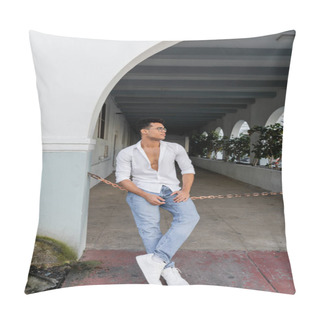 Personality  Full Length Of Stylish Young Cuban Man In Shirt And Stylish Round-shaped Eyeglasses In Miami Pillow Covers