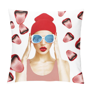 Personality  Contemporary Art Collage. Visual Art. Party Girl And Lips Backgr Pillow Covers
