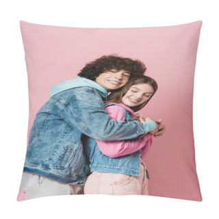 Personality  Side View Of Curly Teenager Embracing Girlfriend On Pink Background  Pillow Covers