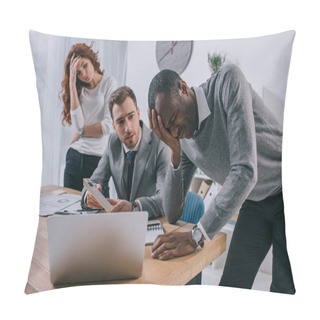 Personality  Financial Adviser Showing Calculation To Upset Business Partners Pillow Covers
