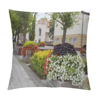 Personality  City Landscape - Decoration With Beautiful Flowering Clubs With  Petunias In Square Of Europe And Beautiful Shady Tile Avenues On A Summer Day. Pillow Covers