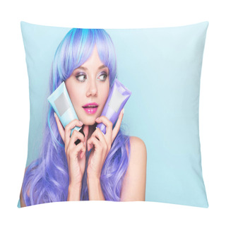 Personality  Young Woman With Tubes Of Coloring Hair Tonics Looking At Side Isolated On Blue Pillow Covers