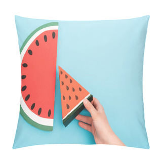 Personality  Partial View Of Female Hand With Paper Watermelon Slices On Blue Background Pillow Covers