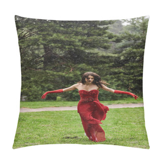 Personality  A Young Woman In A Striking Red Dress And Long Gloves Runs Gracefully In The Rain, Embracing The Natural Elements Around Her. Pillow Covers