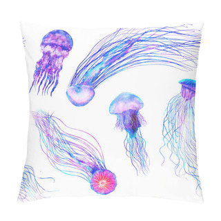 Personality  Pattern Seamless Jellyfishes Colorful Repeat Texture Wallpaper Design Illustration Watercolor In Bright Style Vivid Blue Purple Violet Medusa Isolated On White Background, Fashion Pillow Covers