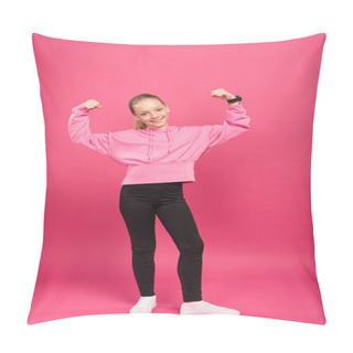Personality  Strong Athletic Kid Showing Muscles And Biceps, Isolated On Pink Pillow Covers